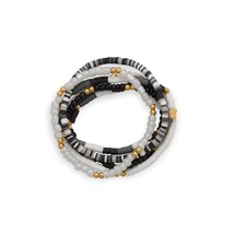 6PCs Black, White &amp; Gold Tone Seed Beads Friendship Stretch Stackable Bracelet - £32.37 GBP