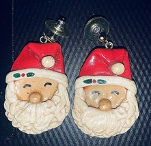 VTG Santa Claus Earrings Face Hat Beard Salt Dough or Clay Crafted Dangle GUC - £14.46 GBP