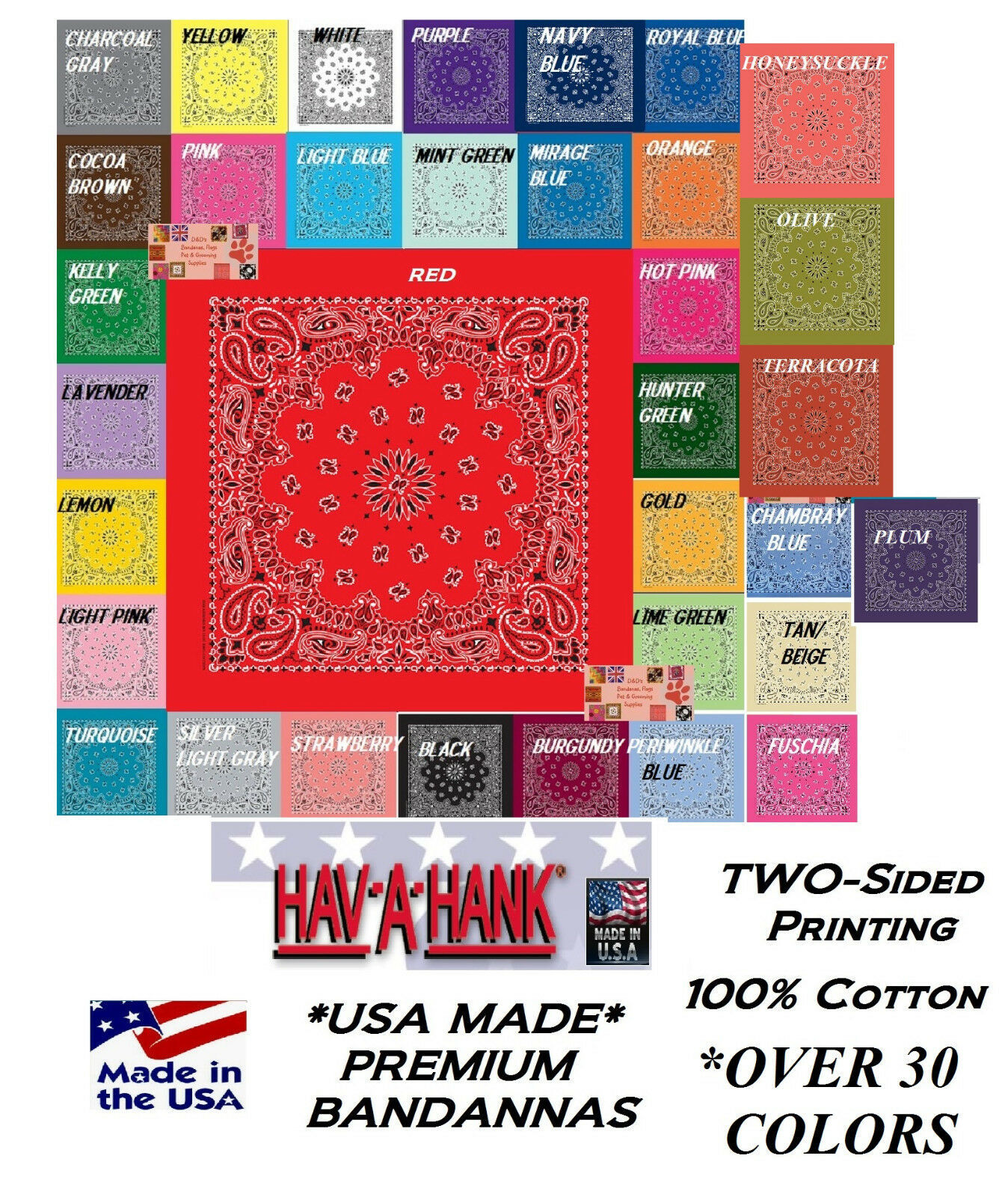 *USA MADE HAV-A-HANK 2-Sided Cotton PAISLEY BANDANNA BANDANA Wrap Scarf Hanky US - £7.98 GBP