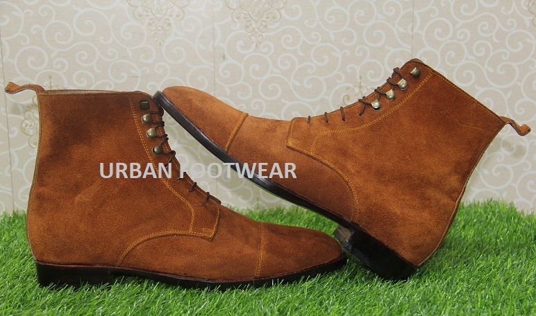 New Mens Handmade formal Brown Suede Leather Ankle High Lace up Boots