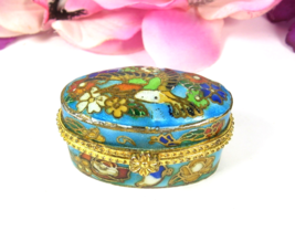 BIRD &amp; FLOWERS Vintage ENAMEL PILL BOX Cloisonne Hummingbird Colorful Ov... - $402.48 MXN