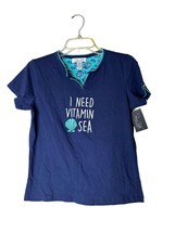 Rene Rofe Sleepwear Top Blue Small Cotton Sea Shell V Neck Embroidered P... - $21.62