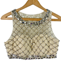 Embroidered Beaded Crop Top Fancy Elegant Built in Bra Ivory White Silve... - £43.78 GBP