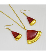 Jewelry set - handmade red Czech glass with gold, necklace and earrings - £34.25 GBP