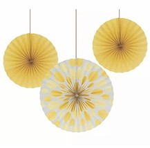 3 Yellow Polka Dot &amp; Solid Paper Fans Black Party Decorations &amp; Party Supplies - £6.08 GBP