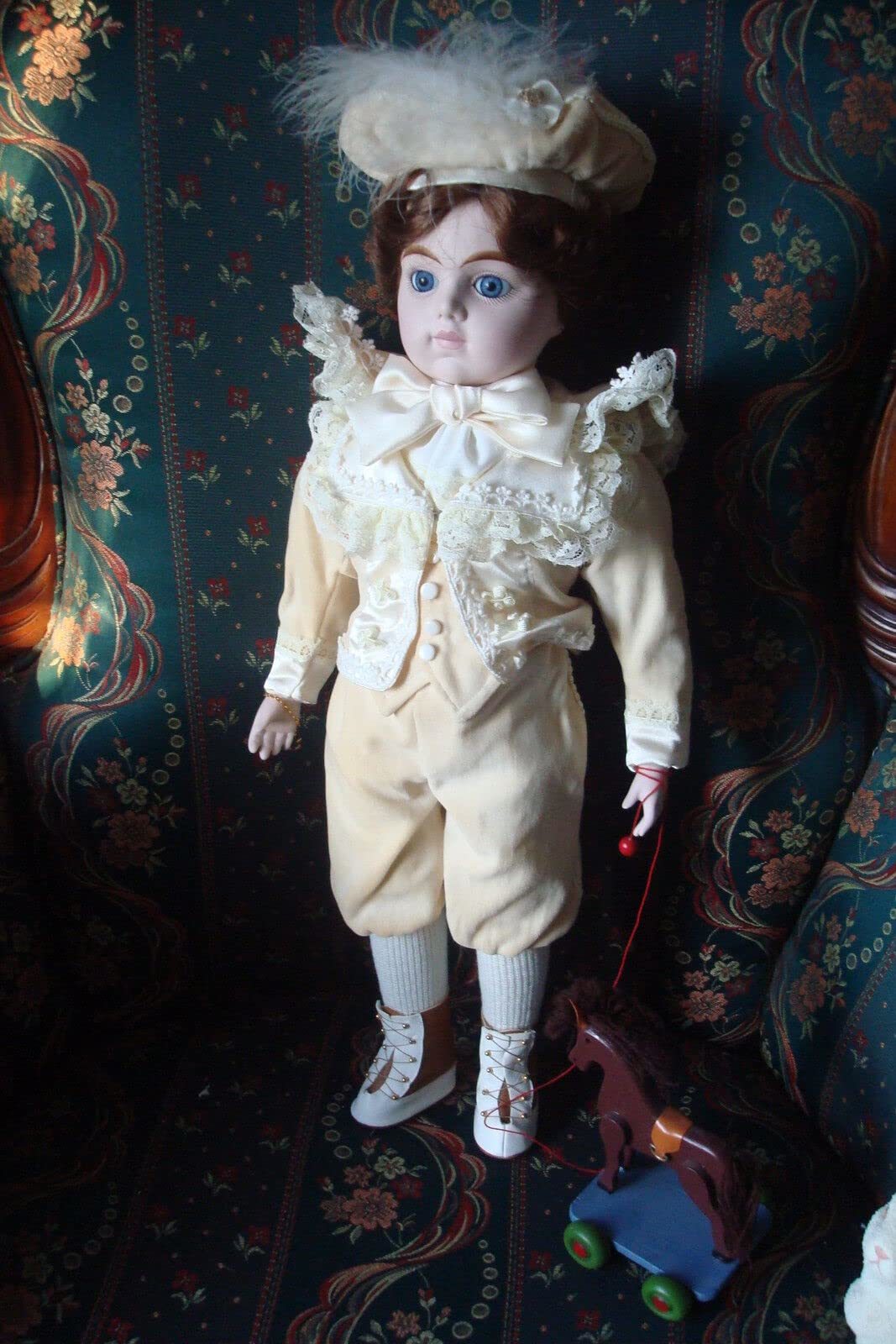 Gorham -William- Porcelain Musical BOY W/Antique Wooden Horse, 19&quot; Original - $292.03