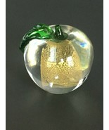 Apple Paperweight Glass Clear with Green Stem Gold Design Inside 3.5&quot; Te... - £19.13 GBP