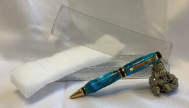Hand Crafted Turned Wood Pen &amp; Gift Box Baby Blue Swirl Goldtone Trim Bl... - $29.95