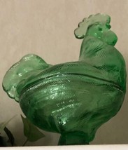 Unmarked green glass chicken hen rooster candy dish bowl 2 piece farm decor - $59.30