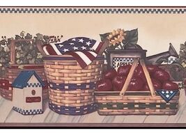 Red Apple Basket Sunflower Leaf American Flag Patriotic Kitchen Wallpape... - $14.84