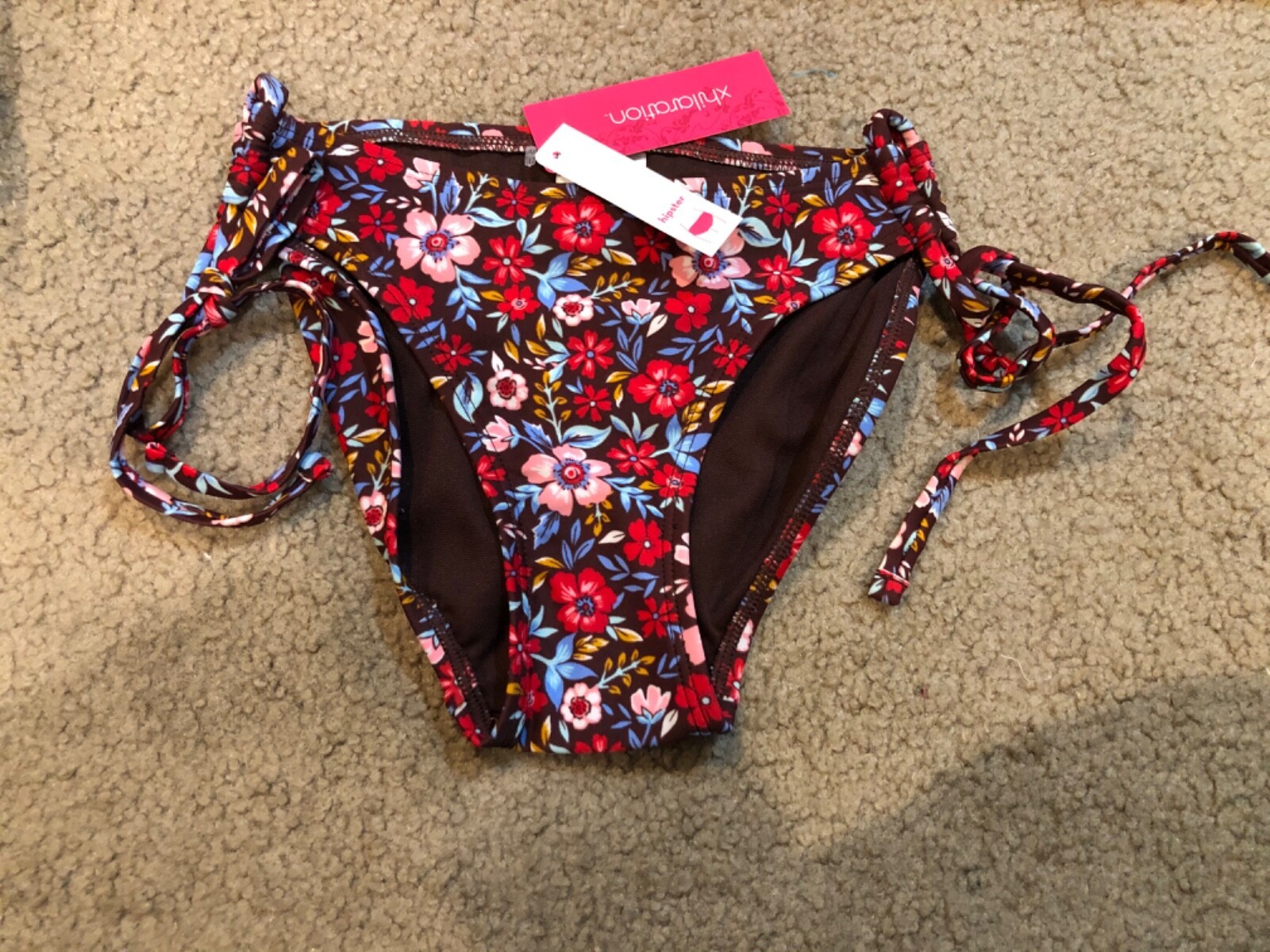 Xhilaration Rust Floral Side Tab Cheeky Ruched Back Bikini Bottoms Size ... - £7.34 GBP