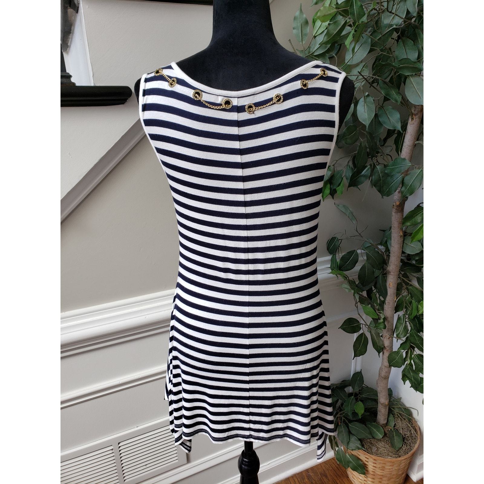 Belldini Top Blouse Womens Small White Blue Striped Embellished Asymmetrical Hem Item image 5