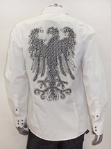 Men&#39;s White Rhinestones Black Eagle Cross Long Sleeve Button Down Shirt - $175.00