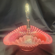 Vtg. Fenton Cranberry Opalescent Hobnail Crimped Basket Clear Bamboo Handle 9&quot; - $61.70