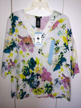 Premise Ladies 3/4-SLEEVE LINEN/RAYON WHITE/FLORAL Pullover TOP-L-NWT-$78 Orig. - £17.65 GBP