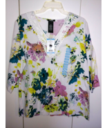 PREMISE LADIES 3/4-SLEEVE LINEN/RAYON WHITE/FLORAL PULLOVER TOP-L-NWT-$7... - $30.48 CAD