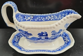Copeland Spodes Tower Blue Gravy Boat Attached Underplate Vintage Floral England - £31.63 GBP