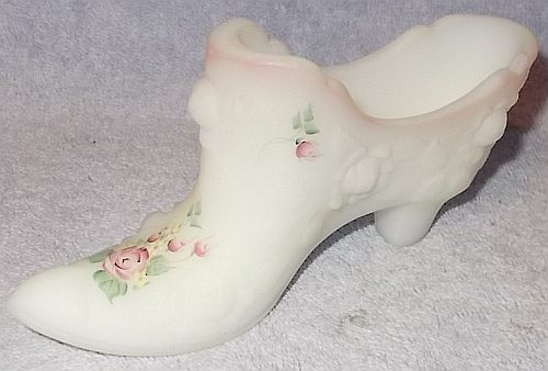 Vintage Fenton White Satin Glass Slipper Shoe Hand Painted Rose Floral Signed A - $19.95