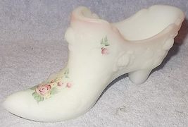 Vintage Fenton White Satin Glass Slipper Shoe Hand Painted Rose Floral Signed A - £15.72 GBP