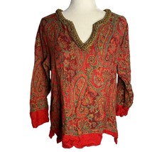 Soft Surroundings Wool Blend Top S Red Paisley V Neck Knit Long Sleeves ... - $18.50