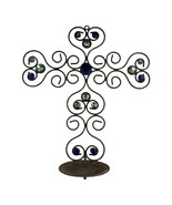 Vintage Wrought Iron Wall Cross Candle Holder – 16” x 14” with Blue &amp; Ir... - €34,26 EUR