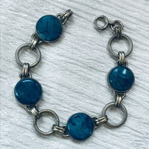 Estate Alternating Round Blue Stone &amp; Open Sterling Silver Link Bracelet... - £22.23 GBP