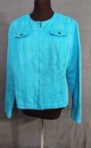 Ruby Rd. Womans Sz 14 Jacket Turquoise Blue Paisley 3/4 Sleeve Textured Tapestry - £15.58 GBP