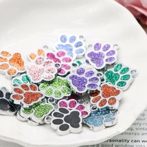 40 Paw Print Charms Glitter Enamel Antique Silver Tone Dog Pendants Findings Mix - £28.03 GBP