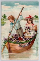 Valentine Greeting Victorian Children Rowing Boat With Flowers Postcard H36 - £7.14 GBP