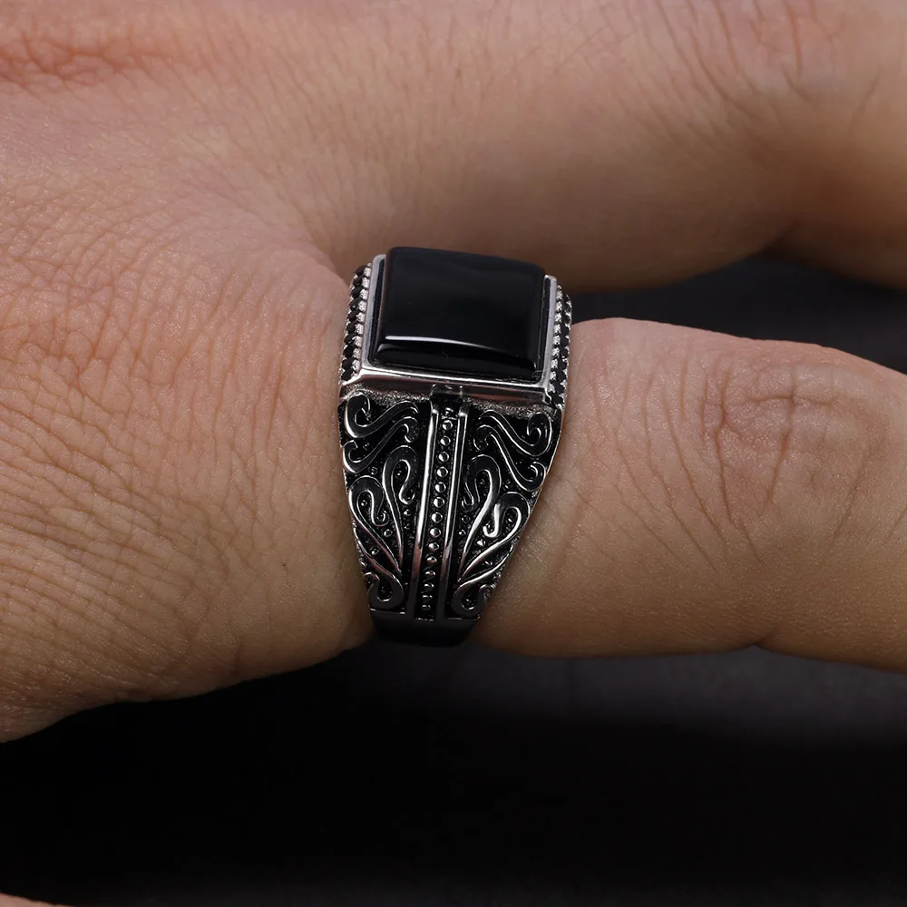 925 Sterling Silver Rings Mens Rings Vintage Flower Engraved Black Green Red Nat - £40.33 GBP