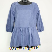 Pleione Juniors Blue Chambray Top Popover Colorful Fringe Tassel Hem Size XS NEW - £15.51 GBP