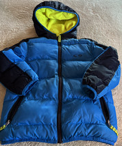 Champion Boys Blue Neon Yellow Hooded Puffer Winter Coat XS 4-5 Zipper Pockets - $17.15