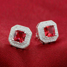 3Ct Princess Cut Red Garnet Double Halo Stud Earrings 14K White Gold Finish - £82.77 GBP