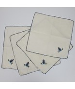 Vintage Embroidery Table Napkins 10x10 Inch SET OF 4 Beige w/ Blue Trim - £13.44 GBP