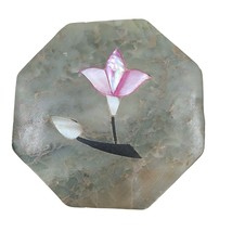 Carved Soapstone Trinket Box Pink Tulip Flower Mother of Pearl Inlay Octagon Vtg - $14.99