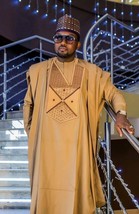 Gold and Brown Agbada Babariga 3 Pieces Men Groom Suit African Clothing for Men - £129.21 GBP+