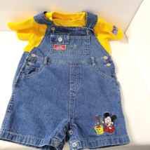 Mickey Fishing Disney Babies Denim Bib Shortalls 2 pc Outfit Yellow Shirt 24 mos - £25.42 GBP