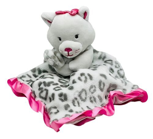 Okie Dokie Cat Leopard Lovey Security Blanket Rattle Gray White Pink Satin - $15.88
