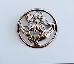 Vintage BEAU Sterling Silver Retro Flower Round Brooch Pin - $26.72