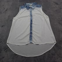 EM Shirt Womens White Blue Sleeveless Collared Button Sheer High Low Hem - £18.47 GBP