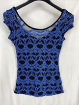 LA Scala USA Women&#39;s Size S Blue Top Lace Bow Sheer Short Sleeve Blouse - £8.55 GBP