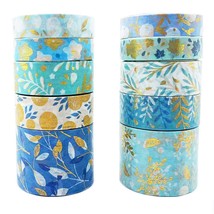 10 Rolls Blue Gold Washi Tape Set, Premium Mixed Size Nature Washi Tapes With Sk - £14.87 GBP