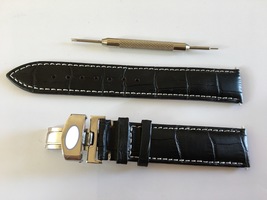 19mm Genuine Leather Strap Black Folding Clasp Unisex - £23.08 GBP