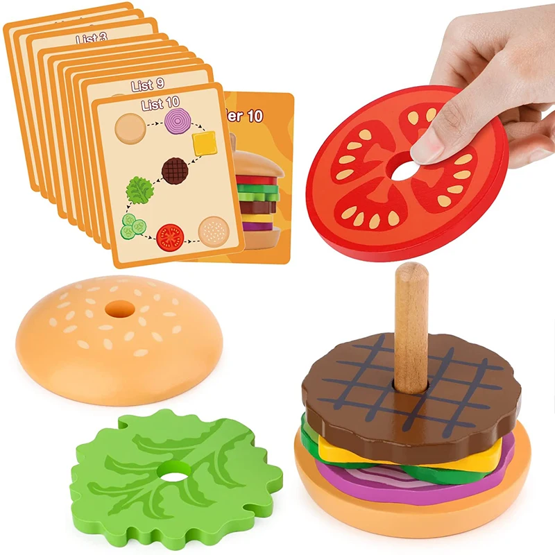 Montessori Wooden Burger Stacking Toys for Toddlers Kids Preschool Educational - £13.64 GBP