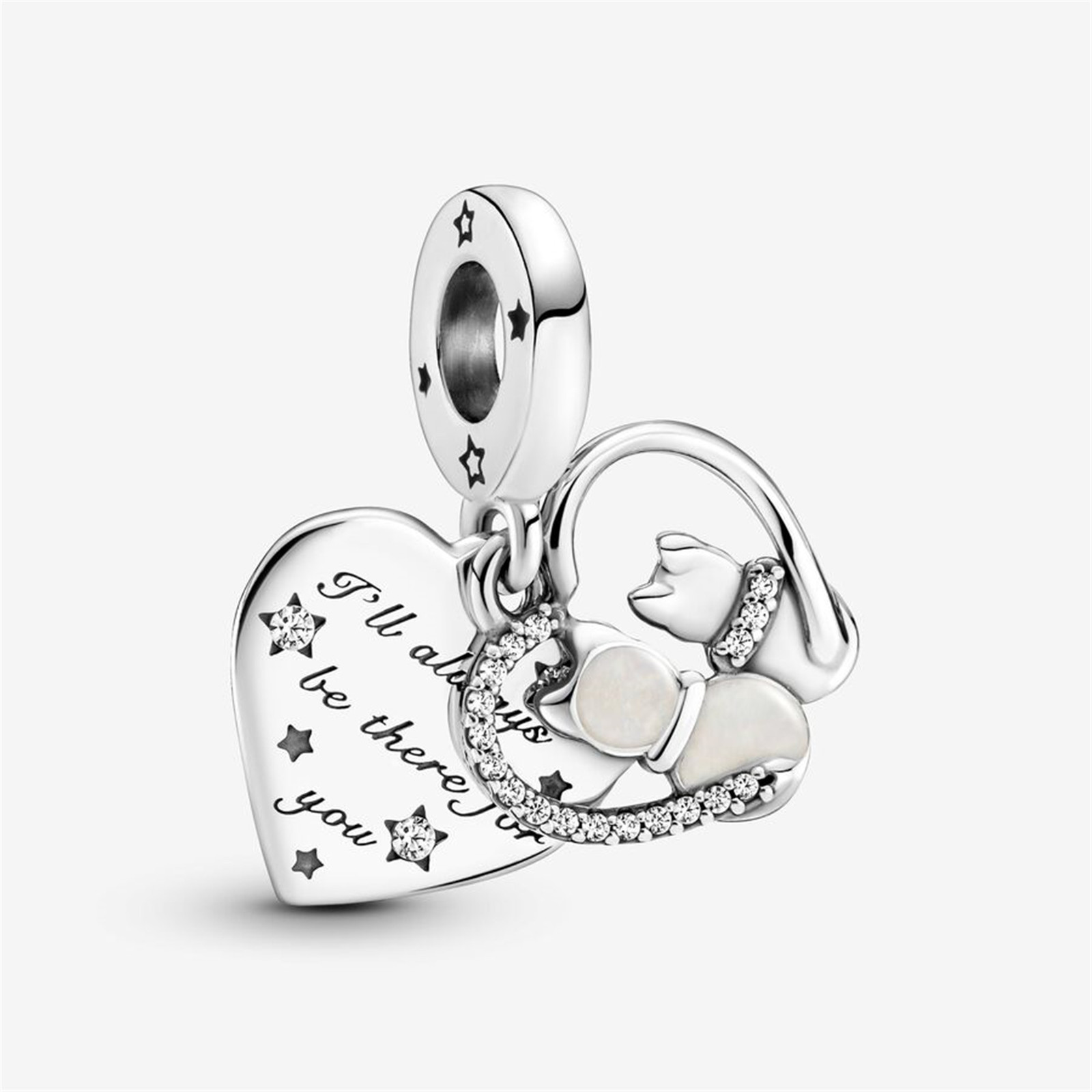 S925 Sterling Silver Cats Hearts Dangle Charm,Fit for Pandora Charm,Gift for Her