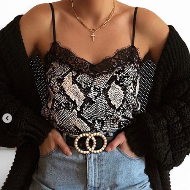 Snake Print Cami Women Sexy Sleeveless V Neck Leopard Print Camis Lace ...