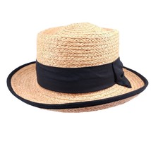 Womens Natural Raffia High Crown Boater Straw Hat Woven Straw Black Bow One-Size - £20.49 GBP