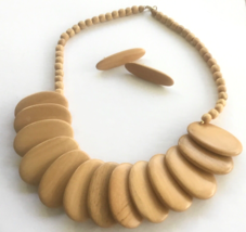 Vintage Set Wood Necklace Ovals, Beads w. Matching Wood Earrings - £19.98 GBP