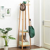 Bamboo Hall Tree Coat Rack W/ 2 Tier Storage Shelves Home Bedroom Clothe... - £53.46 GBP