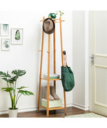 Bamboo Hall Tree Coat Rack W/ 2 Tier Storage Shelves Home Bedroom Clothe... - $67.99